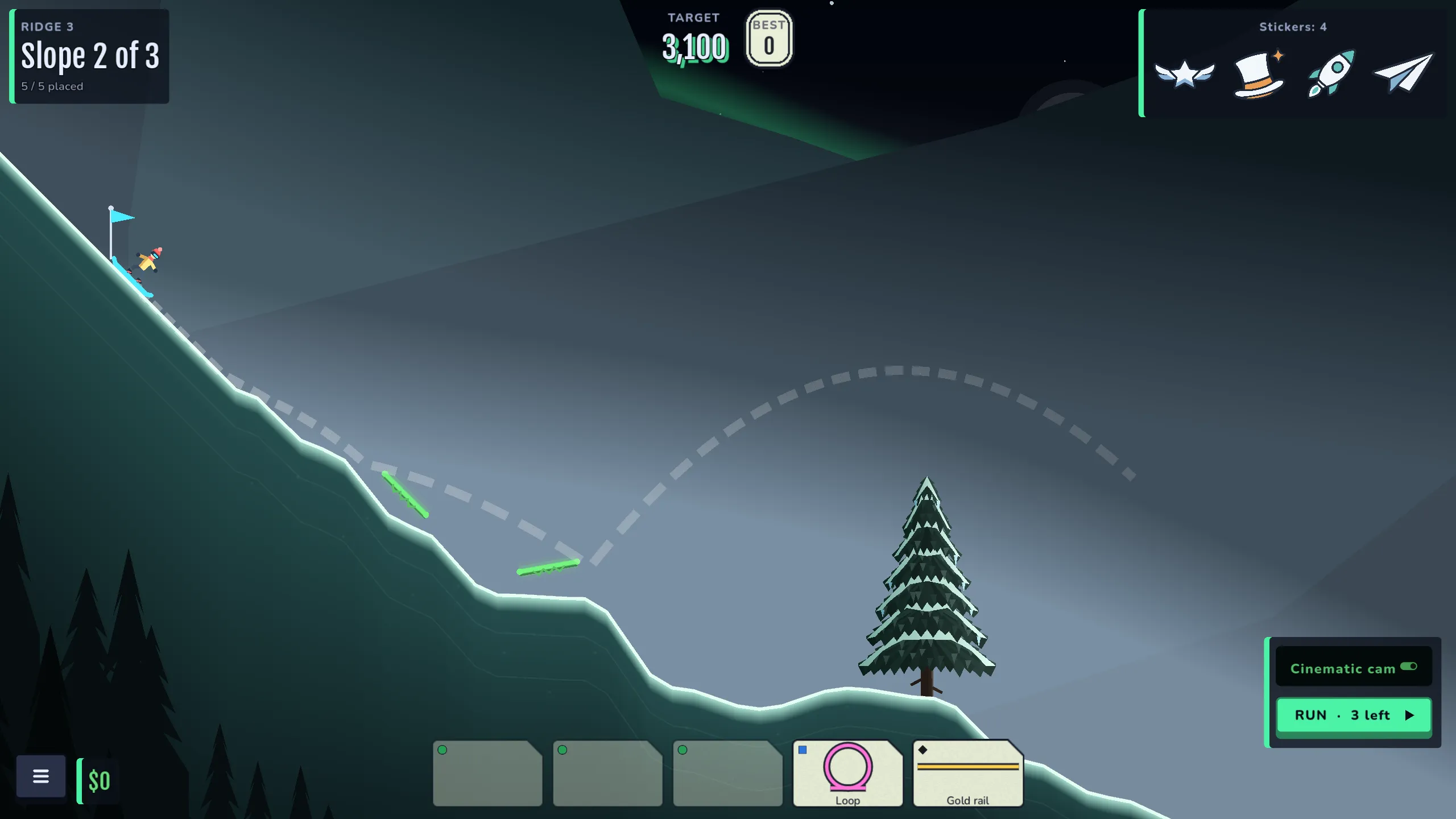 Building a slope under the northern lights, with the rider’s predicted jump shown as a dotted arc