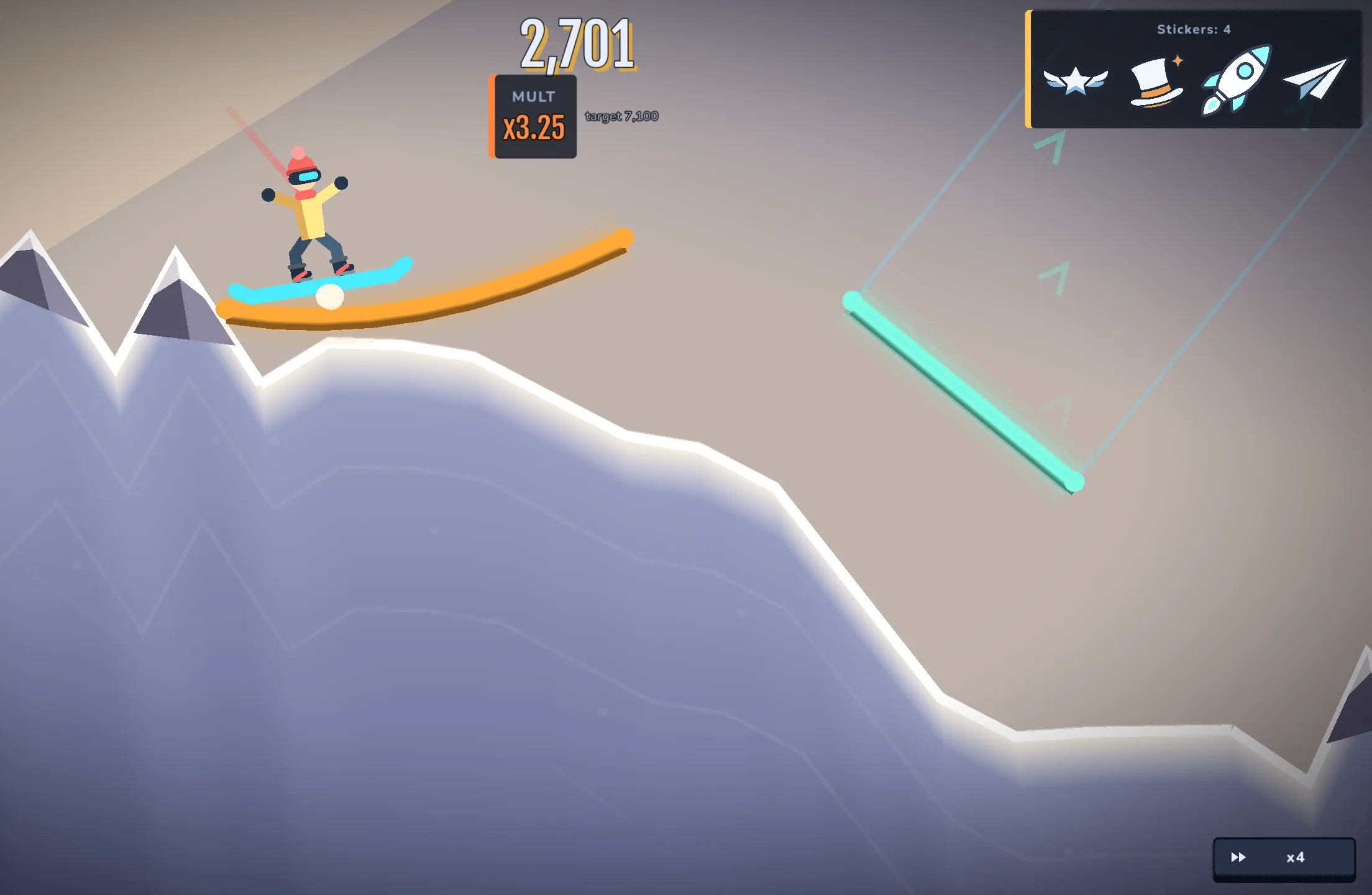 A snowboarder grinding a curved rail at sunrise, racking up a ×3.25 score multiplier